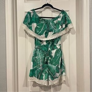 Adult Romper Green Tropical Leaf White Lace StyleHouse